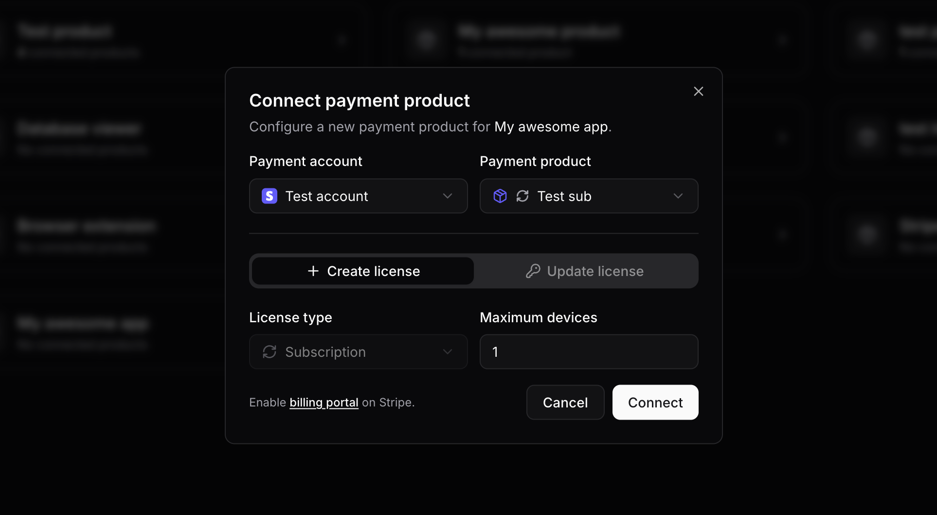Connect subscription payment product